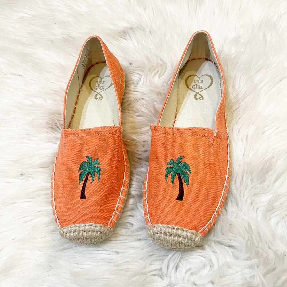 143 Girl CT2324 Coral Pink/Orange Palm Tree Print The Island Espadrille Flats